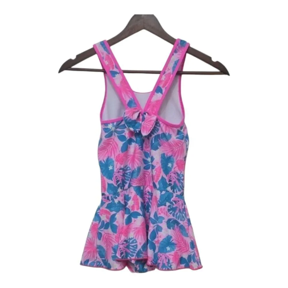 Girls Pink and Blue Floral Swimsuit One Piece